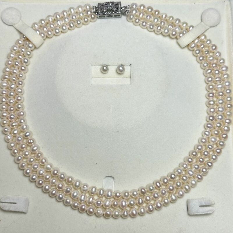 三連　本真珠ネックレス5mm 天然パールネックレス　40cm