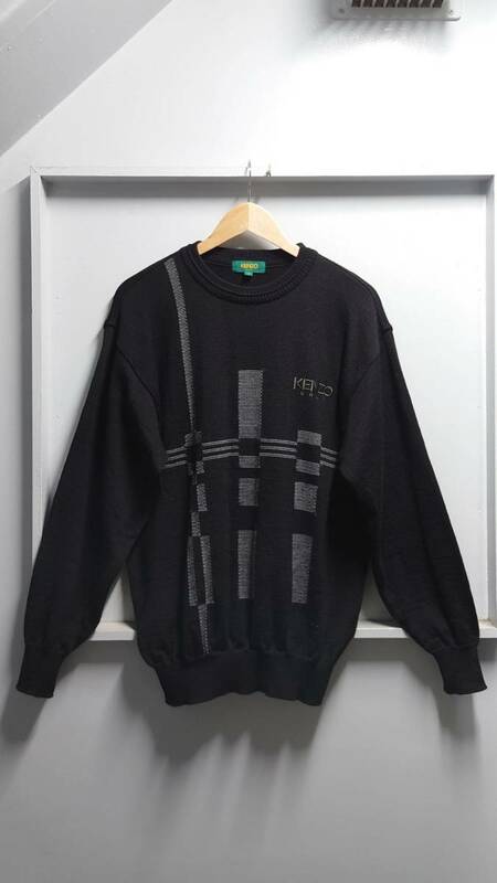 90’s KENZO GOLF ロゴ刺繍 ウール ニット セーター ブラック サイズ3 日本製