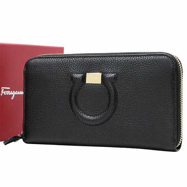 【送料無料】【本物】美品★SalvatoreFerragamo★フェラガモ★ラウンドファスナー長財布★ガンチョシティ★レザー★ブラック★22C843★革★