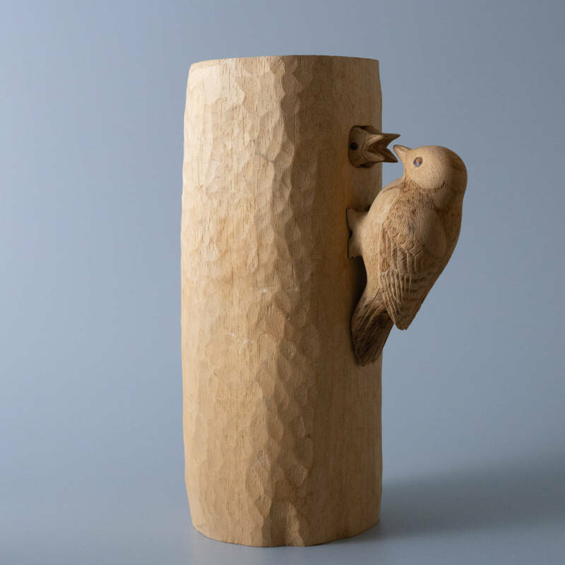 wood pecker FUSAGAWA HIROSHI 鳥の木彫り 親子 彫刻作品 置物 オブジェ 飾り ウッドペッカー フサガワヒロシ 木彫り 