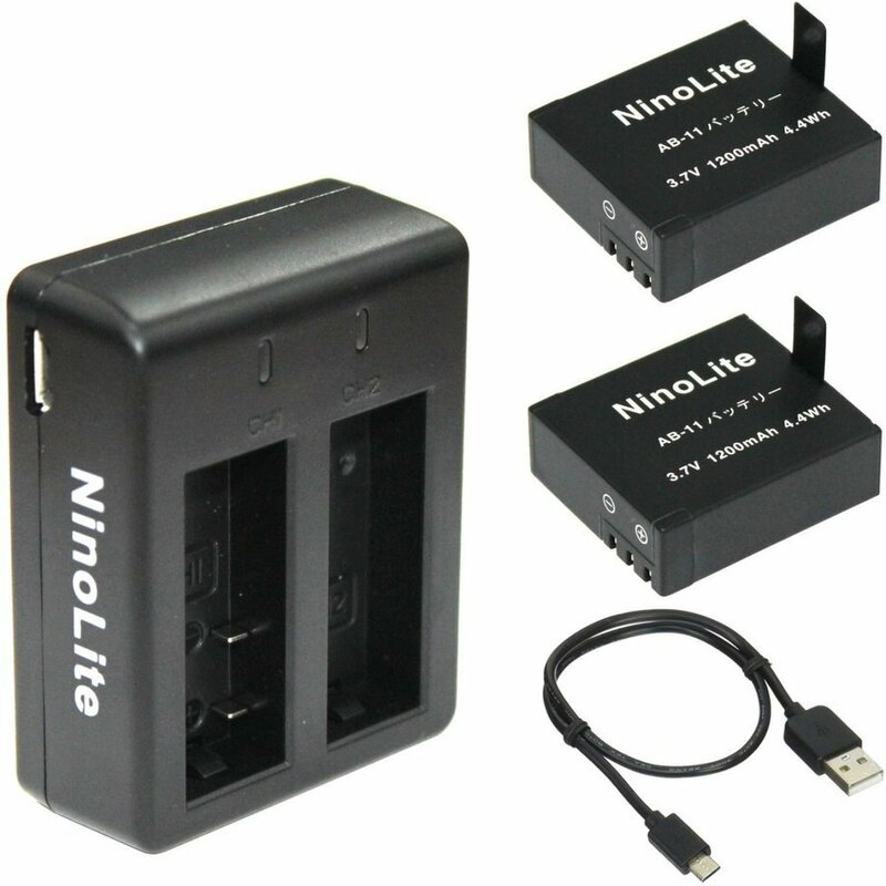 AB11_g アクションカメラ バッテリー 2個 と USB充電器 3点セット MUSON MC1A MC2 MC2 Pro1 Pro2 等対応 NinoLite AB-11