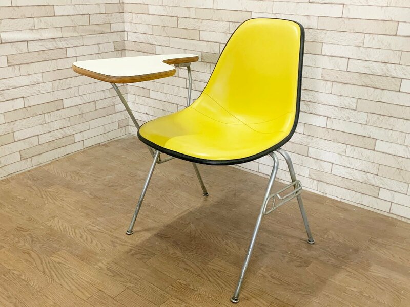 Ｈerman Miller ハーマンミラー サイドシェルチェア ナウガレザー ビンテージ スタッキングベース テーブル付き 椅子 イエロー 黄色 貝248