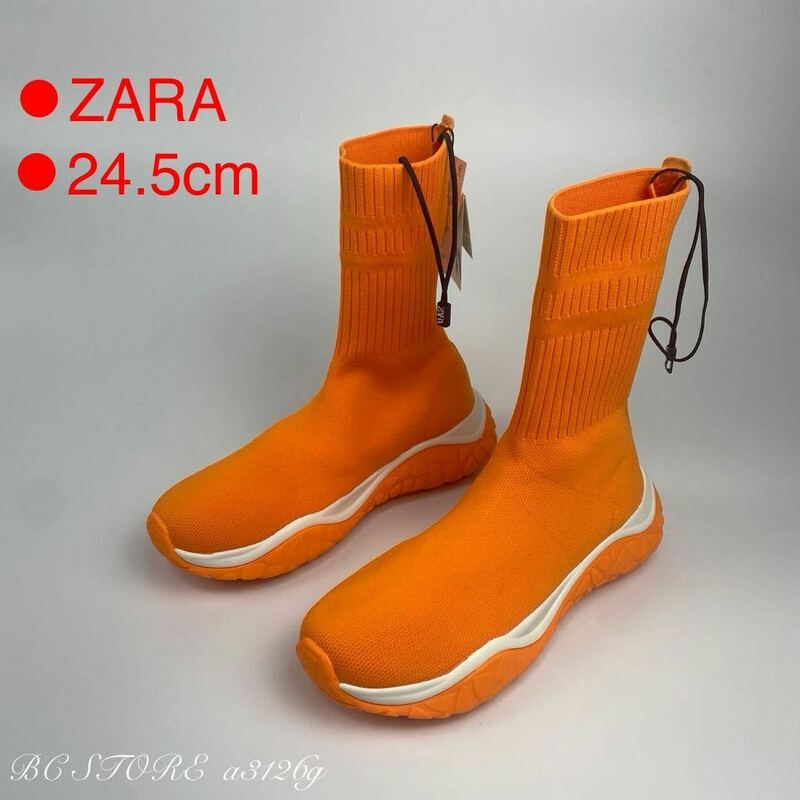 新品 ZARA 厚底 ソックライナースニーカー 24.5cm 38 ORANGE レディース ザラ スニーカー シューズ スリッポン 伸縮性あり タグ付き