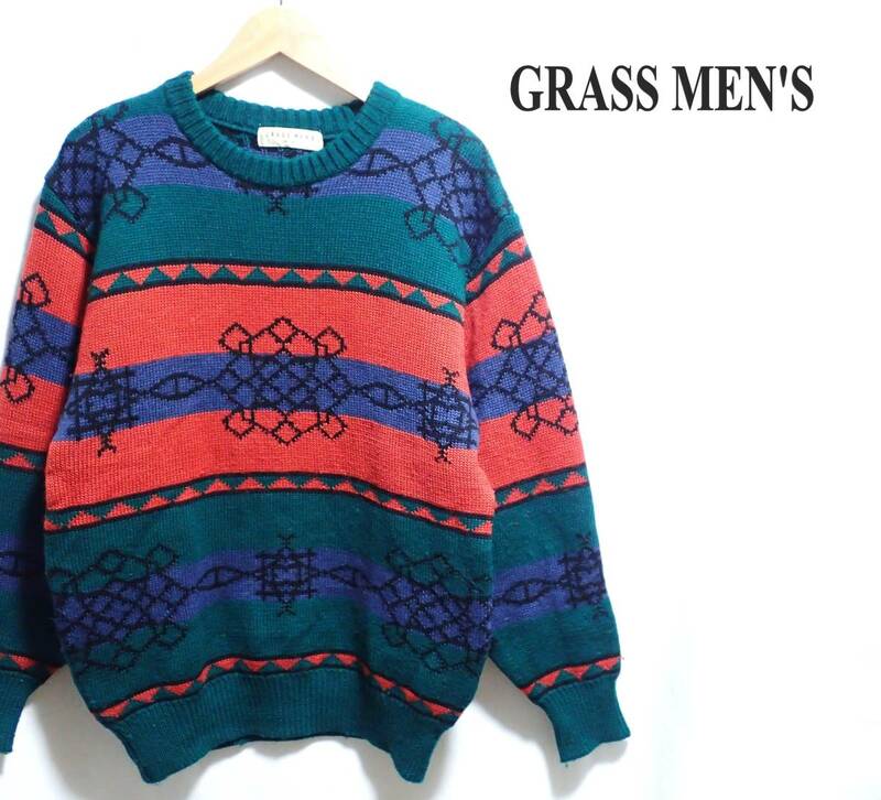 ☆柔らかな質感のセーターです　☆GRASS MEN'S　☆毛100％　☆デザインセーター　☆ニット　☆プルオーバー　☆メンズ　☆M