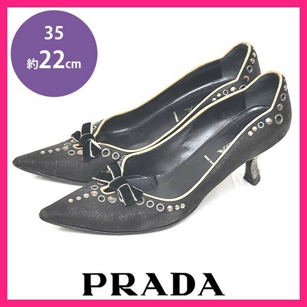 プラダ PRADA メタルヒール スタッズ リボン パンプス ブラック 黒 35(約22cm) sh23-0890