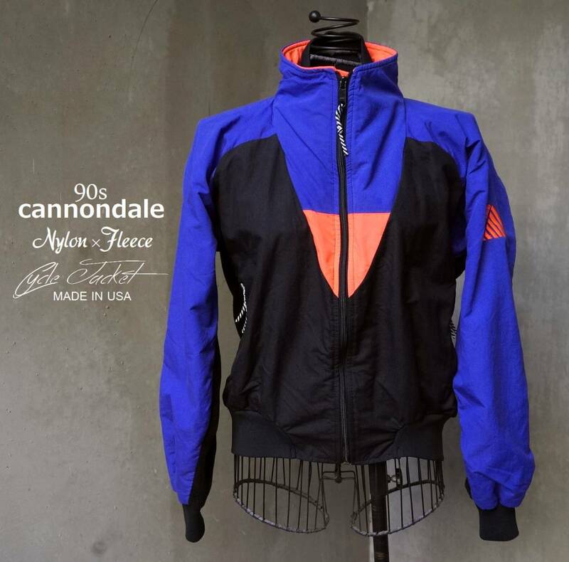 90s USA製 キャノンデール cannondale インクブルー ナイロン × 黒 ブラック フリース ジップ サイクル ジャケット M