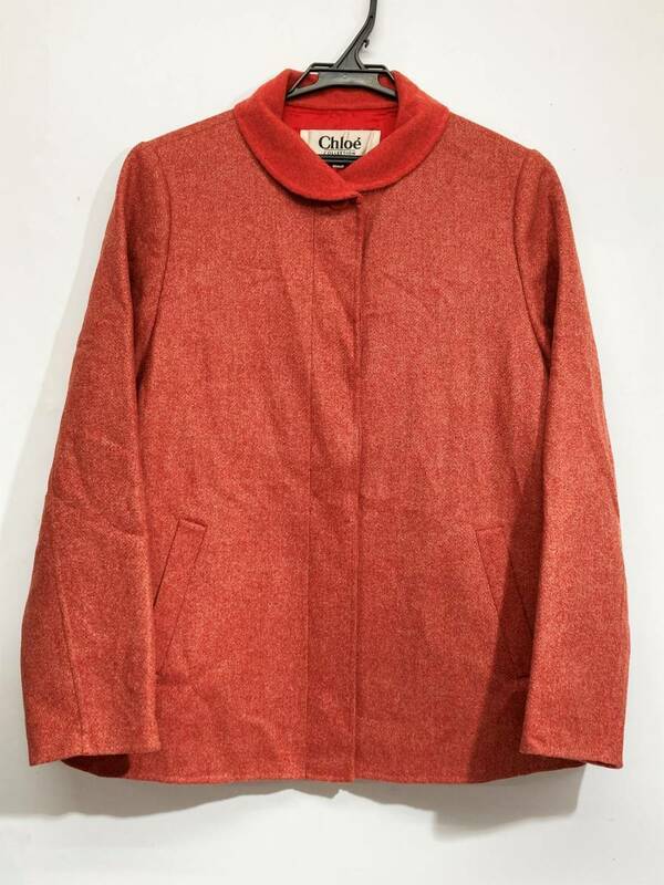(志木）美品★Chloe'(クロエ) カシミヤ混 ウールジャケット コート サイズ40 コーラルオレンジ 赤 ミディ丈 レディース