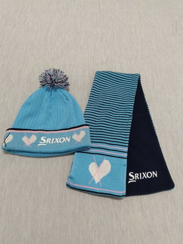 【SRIXON】スリクソン ニット帽&マフラー2点セット ブルー ゴルフウェア GOLF 帽子 ハート フリース ボンボン ポンポン リバーシブル
