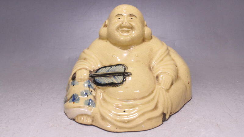 【文明館】布袋 人形 (約250g) 時代物 日本陶磁器 オ92
