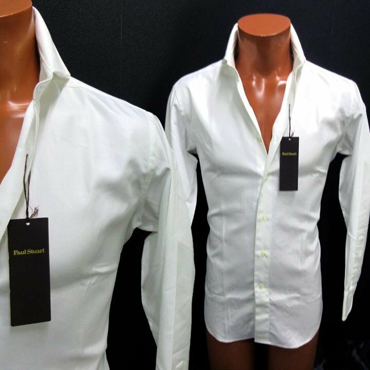 定価2,3万円の半額ポールスチュアートpaul stuart新品タグ付長袖ドレスシャツ白Lワイドカラー厚手生地首回り40センチ(qz12881)