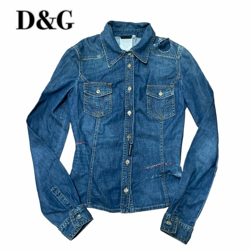 D&G DOLCE&GABBANA ドルチェアンドガッバーナ デニムシャツ インディゴ M レディース バックプリント イタリア製