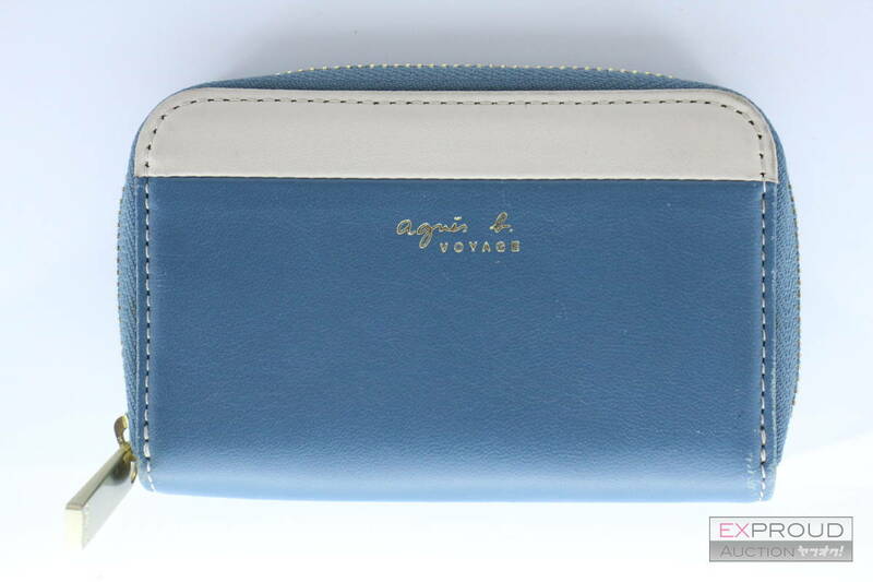 良品★R01 agnes b. アニエスベー カード入れ 名刺入れ レディース ターコイズブルー×ホワイト ラウンドファスナー 約7.5×11×2cm 正規品