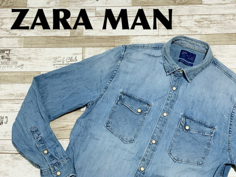 ☆送料無料☆ ZARA MAN ザラ 古着 長袖 マチ付き デニム ダブルポケット ウエスタンシャツ メンズ M ブルー トップス 中古 即決