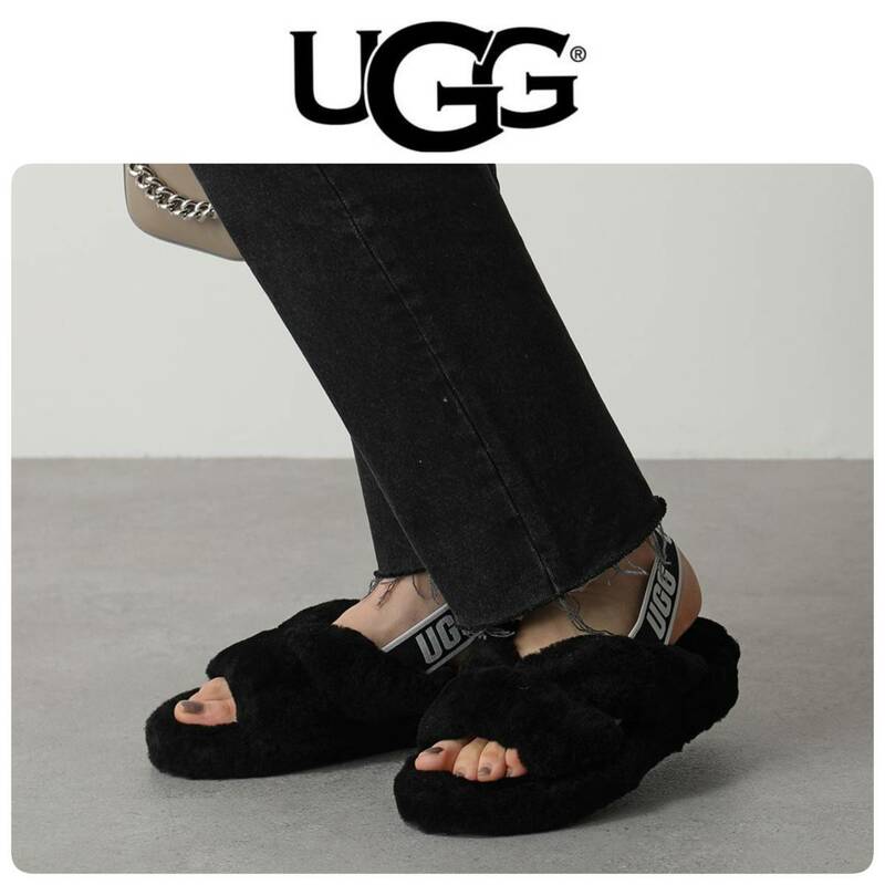 CLASSY掲載◆新品 UGG アグ サンダル Fab Yeah ムートン ファー フラット ブラック バックストラップ US6/23cm 定価16,500円 国内正規品