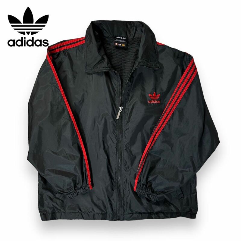 【美品】Adidas Originals アディダス オリジナル ナイロン ジャケット バッグ トレフォイル 刺繍ロゴ ブラック レッド 90s デサント製