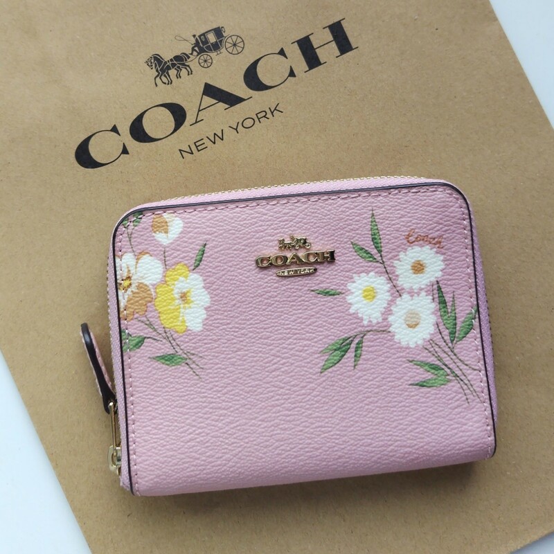【新品】COACH コーチ 二つ折り財布 ラウンドジップ　ピンク