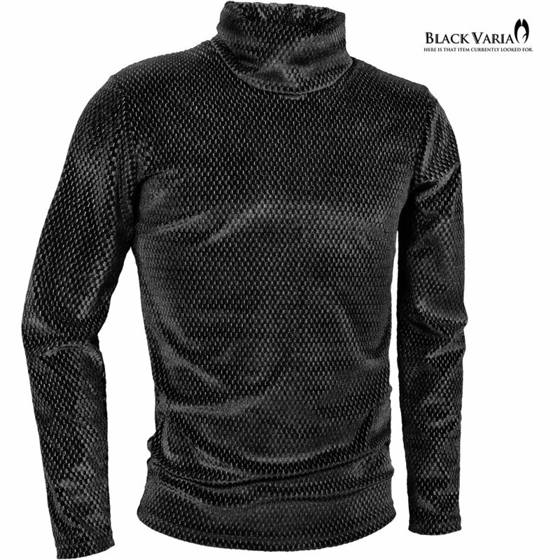 233704-bksi BLACK VARIA タートルネックシャツ 幾何学 ベロア ラメ 長袖 ストレッチ mens メンズ(ブラック黒シルバー銀) M