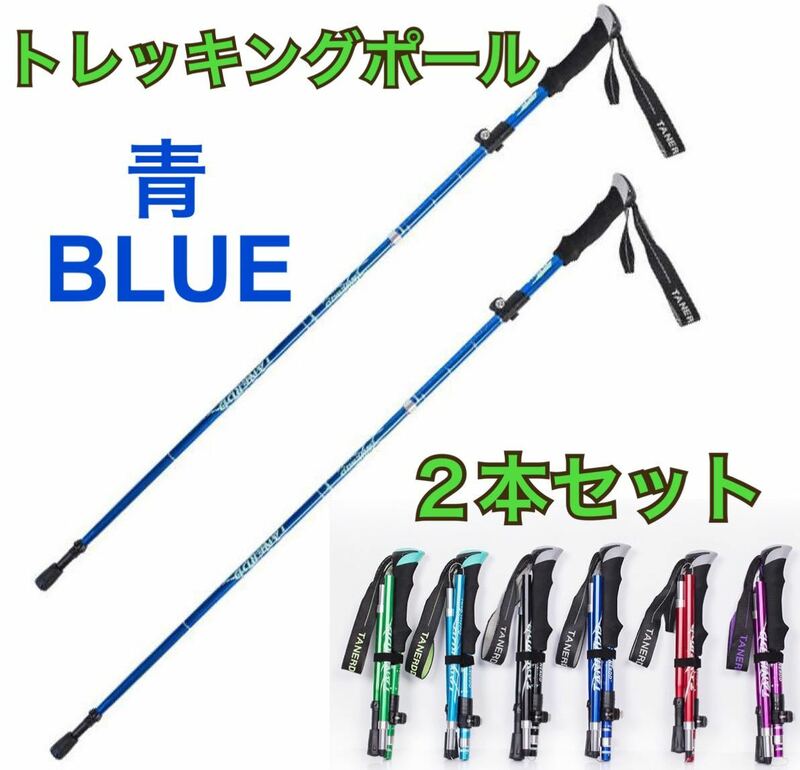 青　2本セット　登山　ウォーキング　軽量　トレッキングポール　ステッキ　杖　アルミ製　リハビリ　散歩　階段　コンパクト ストック