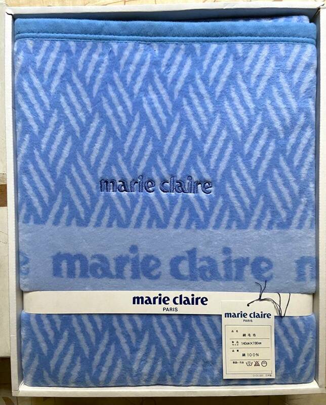 【未使用】毛布　綿100％　marie claire マリクレール　140×190　シングルサイズ　ブルー/kyou