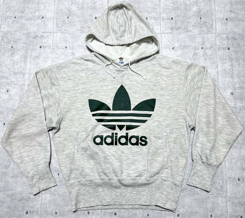 90s adidas アディダス デサント製 ビッグトレフォイル パーカー　　90年代 DESCENTE フーディー スウェット ビッグロゴ デカロゴ 柳9025