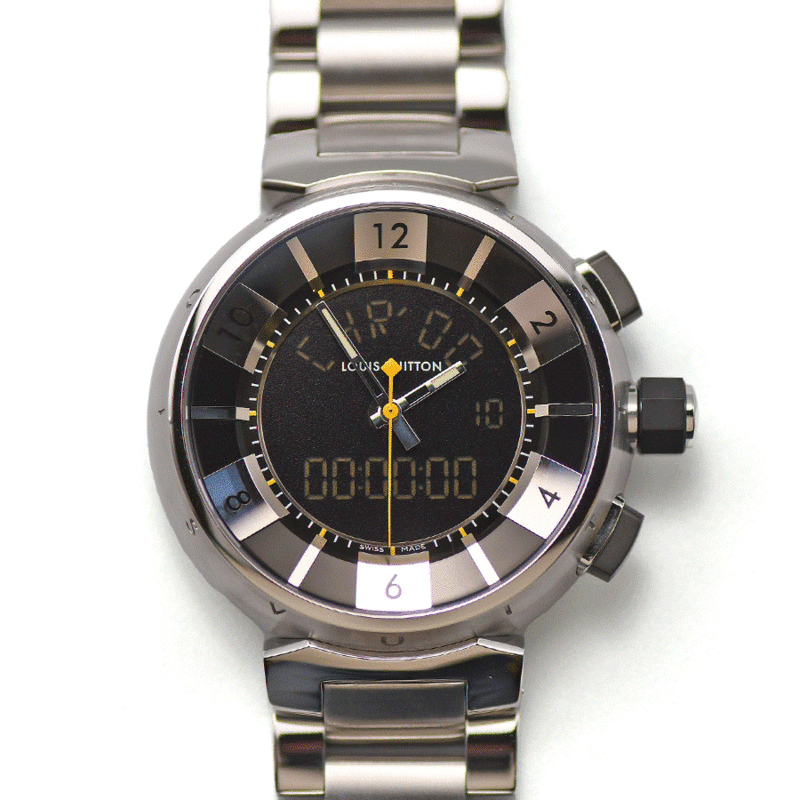 ルイヴィトン LOUISVUITTON タンブール イン ブラック Q118F クォーツ クロノグラフ アラーム メンズ 男性用 腕時計 研磨仕上げ済み 中古