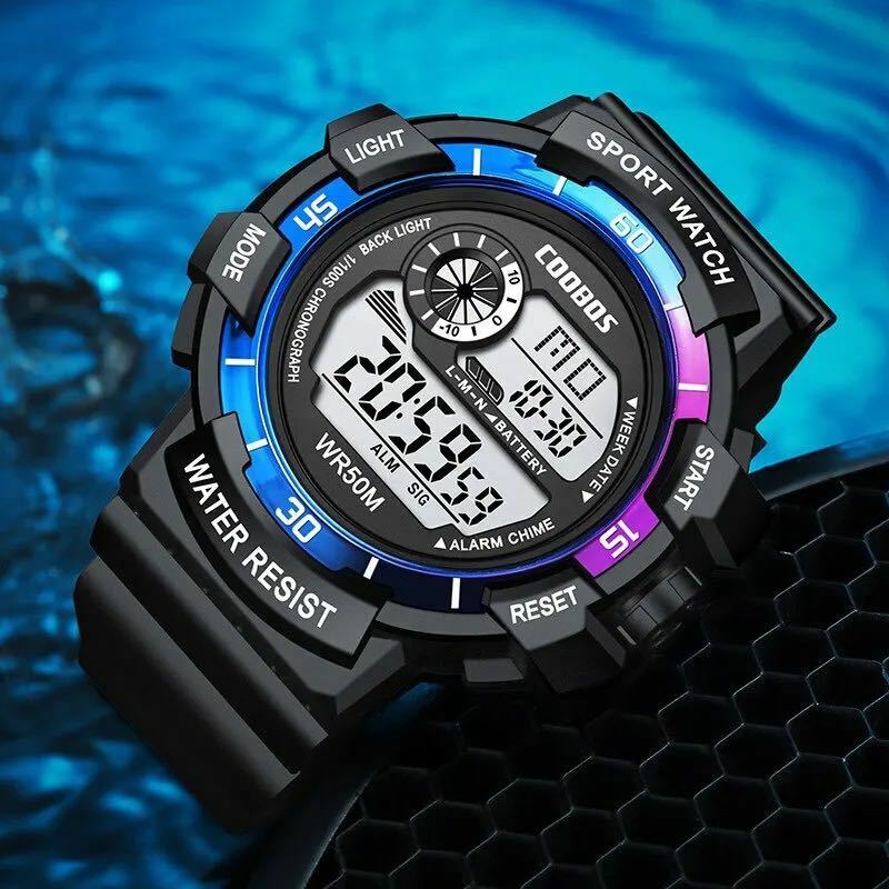 新品 COOBOSデジタルウォッチ ビックフェイス メンズ腕時計 パープル＆ブルー メタリック