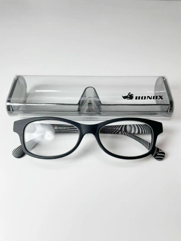 +2.00 BONOX-A YGH-55 ボノックス ウェリントン型 ブラックストライプ 老眼鏡 良品