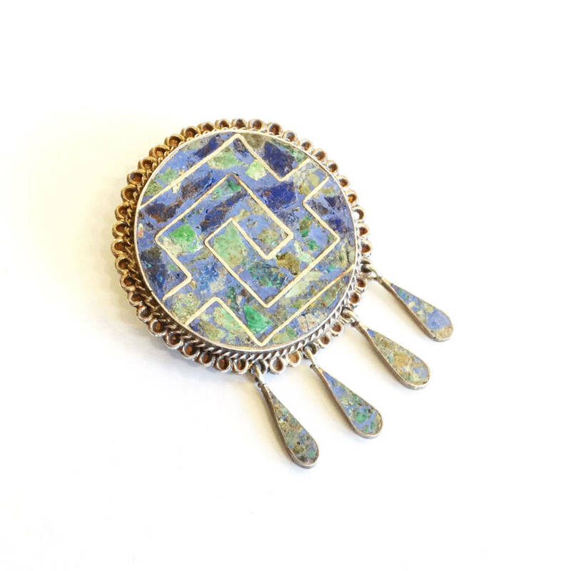 ★70s Vintage Mexican jewelry turquoise × lapis lazuli silver design brooch & pendant top