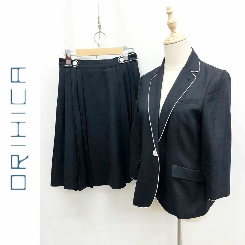 ORIHICA RHYME オリヒカ スカートスーツ セットアップ 薄手 ジャケット 裏地なし フレアプリーツスカート ブラック 黒 11号 L