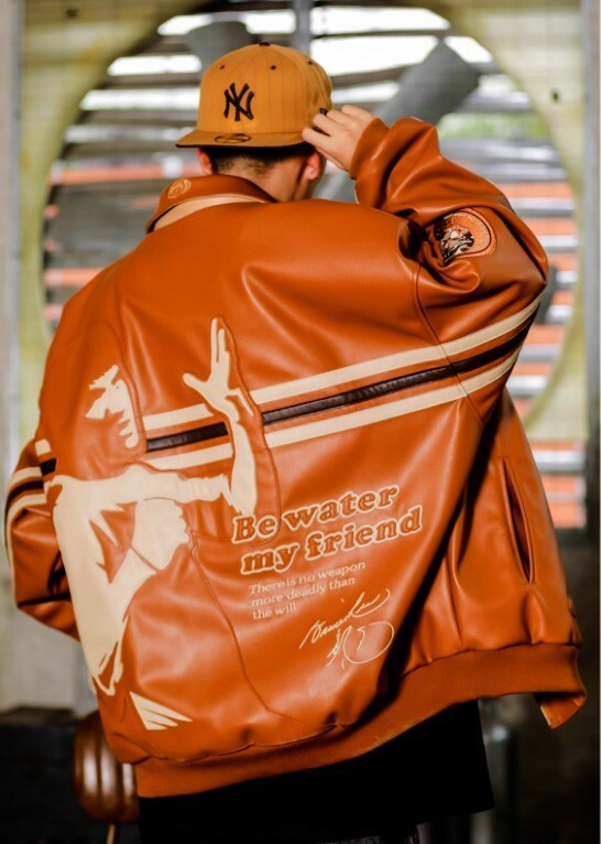 Acusa Bruce Lee 10,000針刺繍ヘビークラフトPUレザージャケットジャケット秋冬厚手ルーズファット