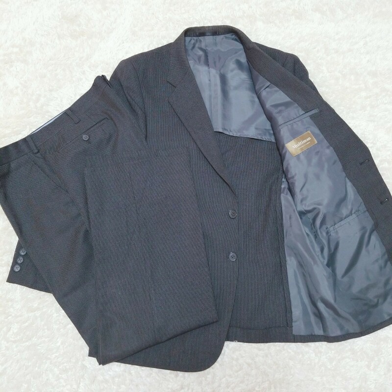 Y1247 メンズ ウール使用 スーツ上下セット ジャケット スラックス パンツ L相当 ブラック ピンストライプ 秋冬 紳士服 ビジネス 通勤