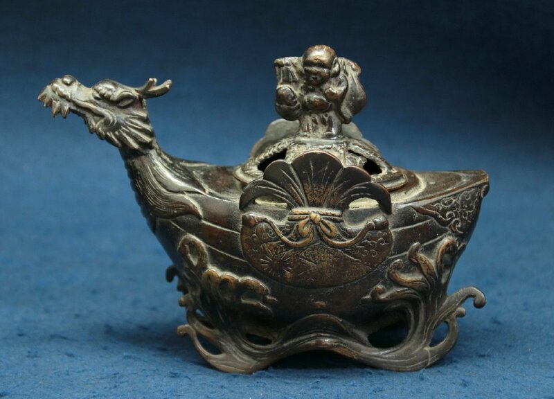 古銅　龍頭宝船香炉　香具　日本美術工芸品　