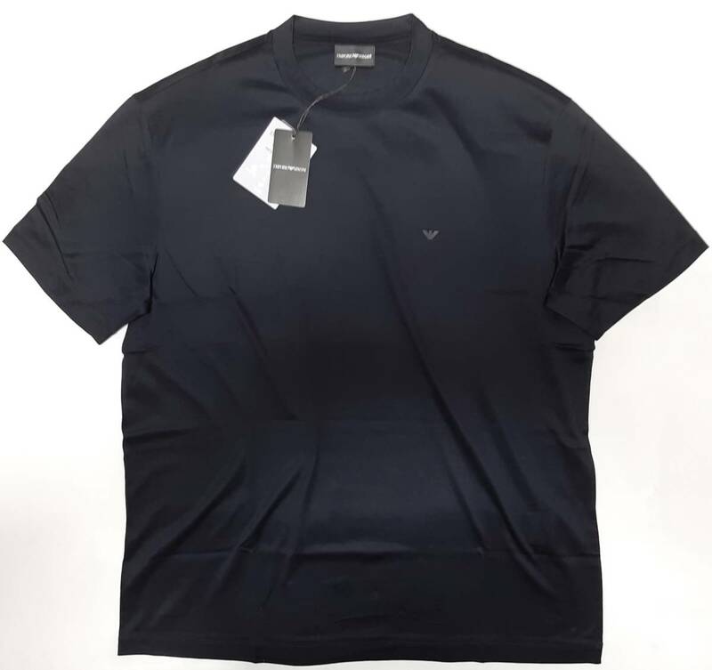 [新品] EMPORIO ARMANI　定番無地のロゴパッチ付き【メンズ・ジャージ半袖Tシャツ】◆2023-24年秋冬モデル　サイズ：XL(52相当)　◆色：紺