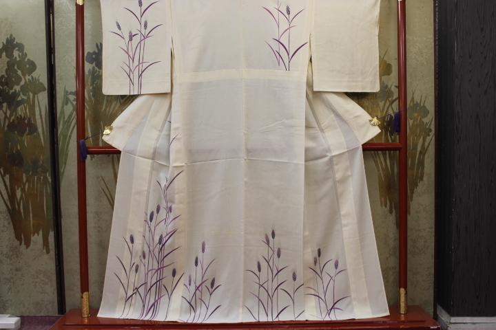 きもの今昔６３４２　夏のきもの　付け下げ訪問着　広衿単衣仕立て　正絹駒絽アイボリー地色紫麦の穂柄　　身丈１５５ｃｍ