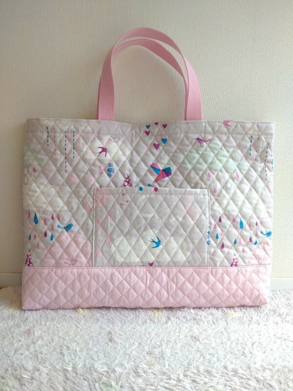 RainStory×ピンクの レッスンバッグ　キルティング使用　絵本袋 女の子 ハンドメイド　入園入学用品　絵本袋