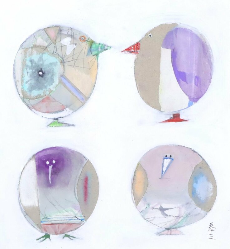 漫画家 横山泰三「とり」肉筆画 額装品 / かわいい ポップ 鳥の絵