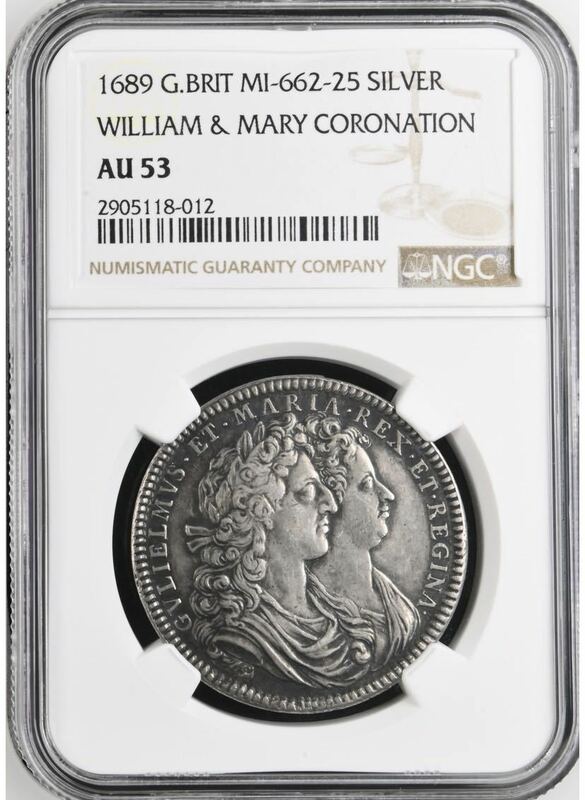 英国　1689年　イギリス　ウィリアム3世&メアリー2世　NGC 戴冠式　AU53 メダル