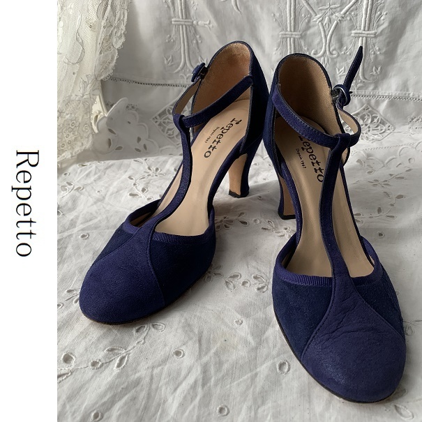 レペット　repetto　スゥエード　Tストラップ　アンクルストラップ　パンプス　37　紫パープル　紺ネイビー　３６