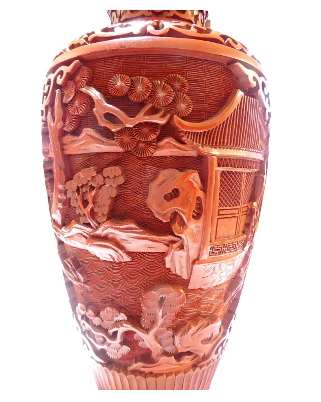 時代 中国美術 堆朱 細密彫 花図 花瓶 唐物骨董　 高23cm 0120