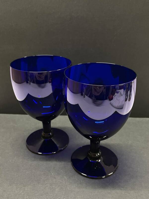 ★コレクター必見 昭和レトロ ガラス製 グラス 2客 ブルー 酒器 食器 アンティーク 飾り 置物 コレクション N461