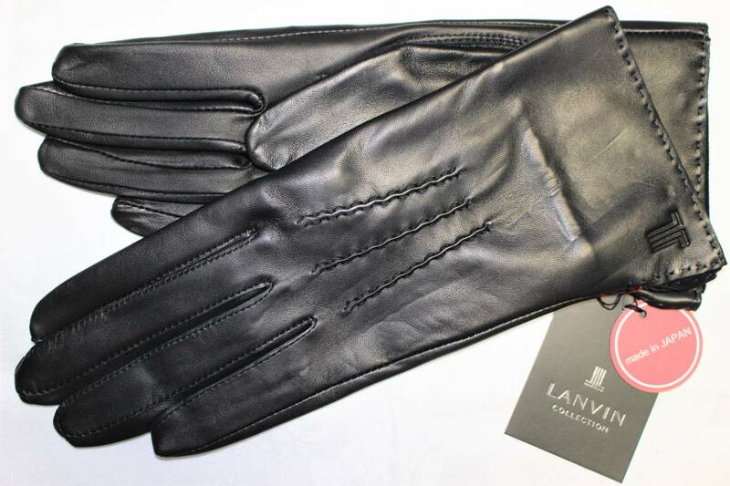 LV-45　新品本物即決　羊革手袋　ランバン　LANVIN　日本製　レディースレザーグローブ　有名ブランド　ブラック黒　女性用プレゼント等