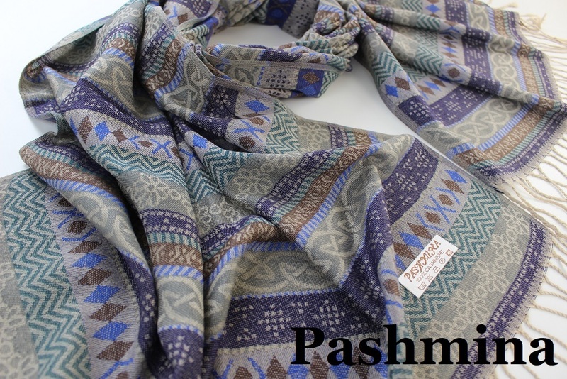 新品【Pashmina パシュミナ】フェアアイル柄 ボーダー 大判 中薄手 ストール ネイビー系 チャコールグレー Cashmere カシミア100%