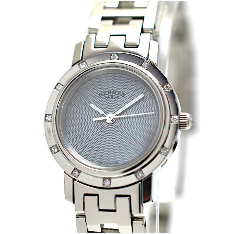 エルメス 腕時計 クリッパーナクレ 12Pダイヤモンド CL4.230 SS レディース ブラックシェル文字盤 HERMES