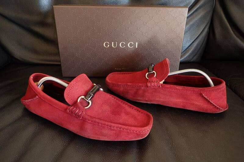 激レア! グッチGUCCI貴重高級レッドスウェードレザードライヴィングシューズ国内正規品27,5cm美中古