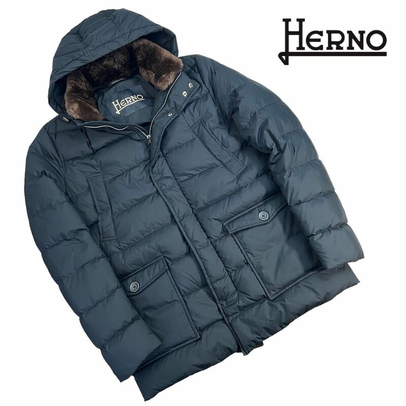 定価15万超 極美品 HERNO ヘルノ ファー付き ダウンハーフコート サイズ48/L相当 ネイビー 最高級品 上質ナイロン 軽量 細かなスレ有 A3092