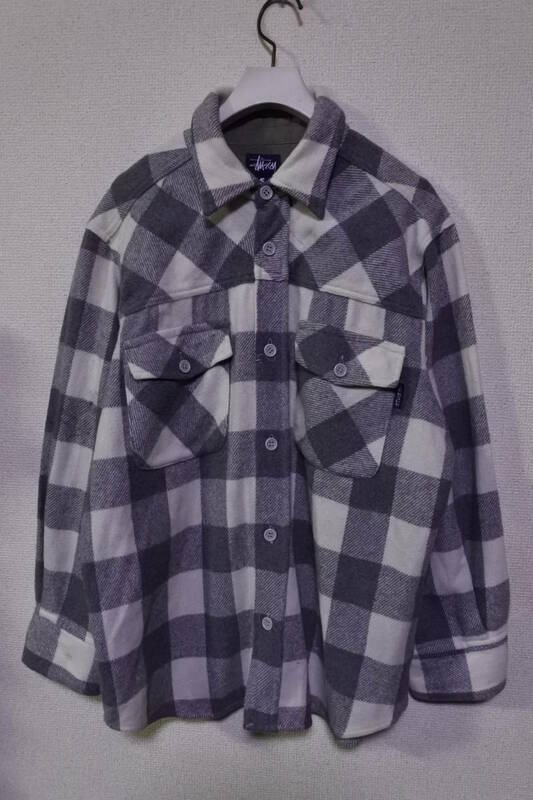 90's OLD STUSSY Shirts Jacket size S USA製 ウールシャツ ジャケット チェック柄 紺タグ ビンテージ