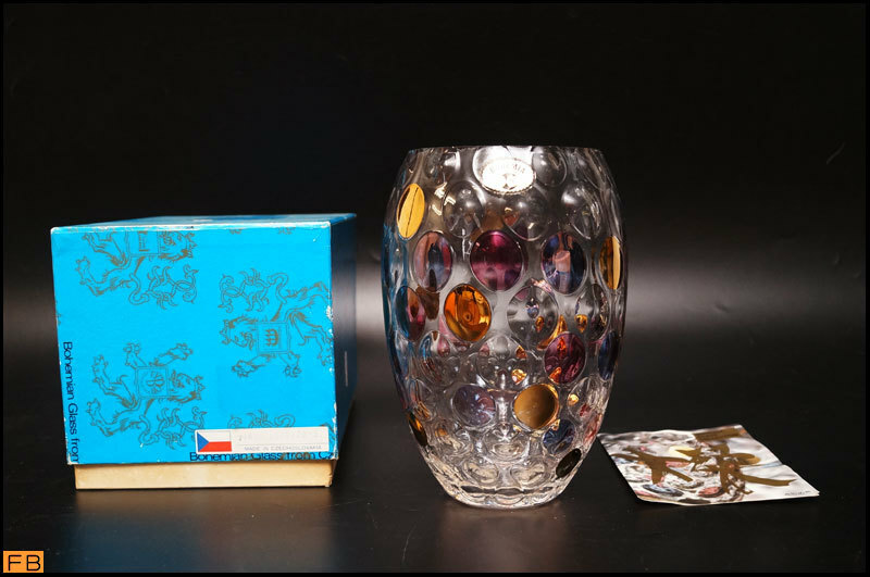 1385-ボヘミアガラス◆花瓶 フラワーベース 水玉 ドット ウォータードロップ 花器 クリスタル チェコガラス 箱付 BOHEMIA
