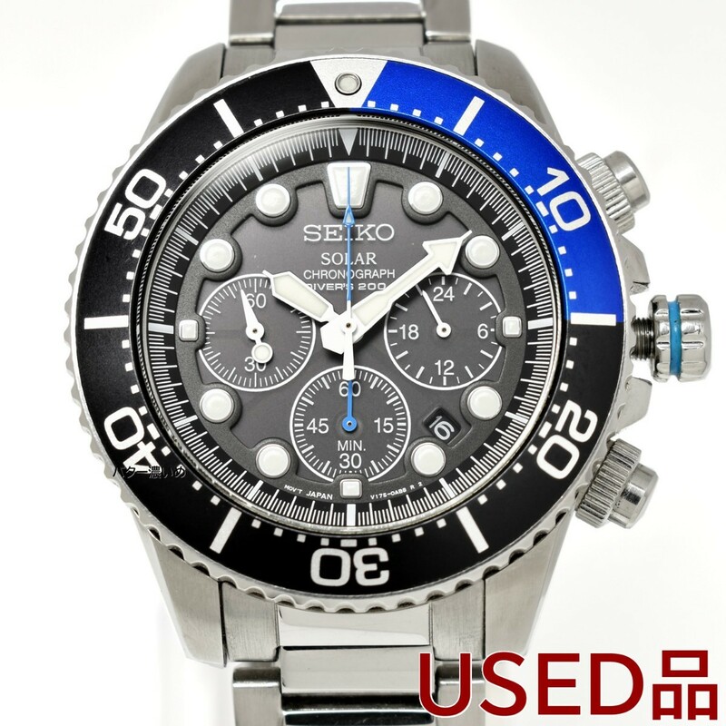 セイコー SEIKO メンズ 腕時計 クロノグラフ ソーラー クオーツ ダイバー 海外モデル SSC017P1 逆輸入 200M防水 ブラック 中古品
