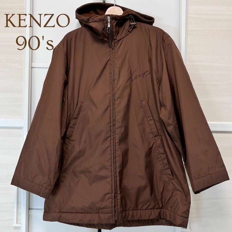 【希少】90's KENZO ケンゾー ボアフリース マウンテンパーカー ベンチコート 刺繍ロゴ 軽くて暖かい ゴルフ GOLF フード メンズ A5061