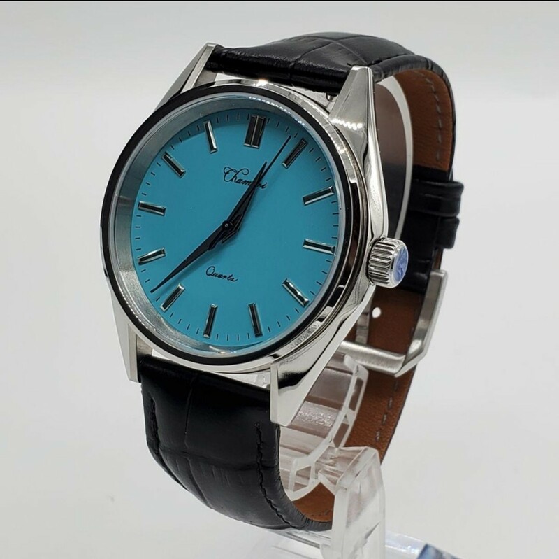 新品 CHAMERI ドレスウォッチ ターコイズ ブルー 青 セイコー VH31 メカクォーツ メンズ腕時計 ビジネス 革バンド